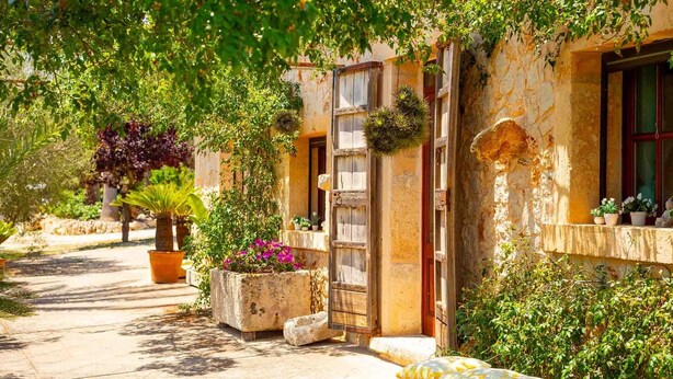 A narrow, sunlit pathway flanked by buildings with stone walls and wooden shutters, leading to a bench with a cushion. - Beautiful villa with pool in Llubí, in the center of Mallorca. (Llubí)