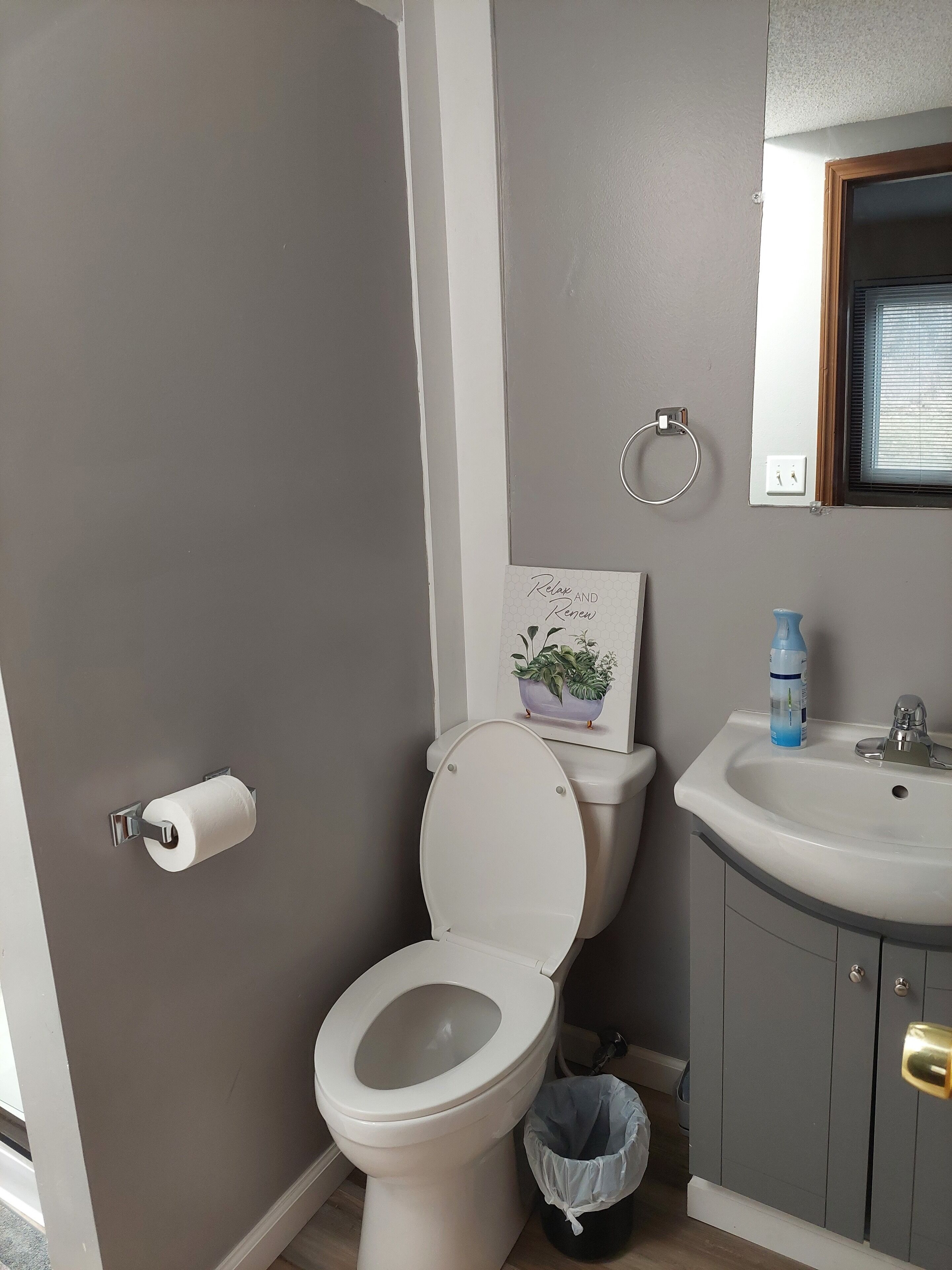 Un bagno con il water, un lavandino, un cestino e un appendi-asciugamani a parete.
