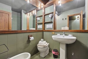 Douche, sèche-cheveux, bidet, serviettes fournies