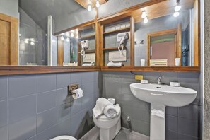 Een douche, een haardroger, een bidet, handdoeken