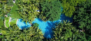 An aerial view of a tropical resort with a swimming pool surrounded by dense palm trees and lush greenery. - Luxury Danang Beach Pool Villa (Da Nang)