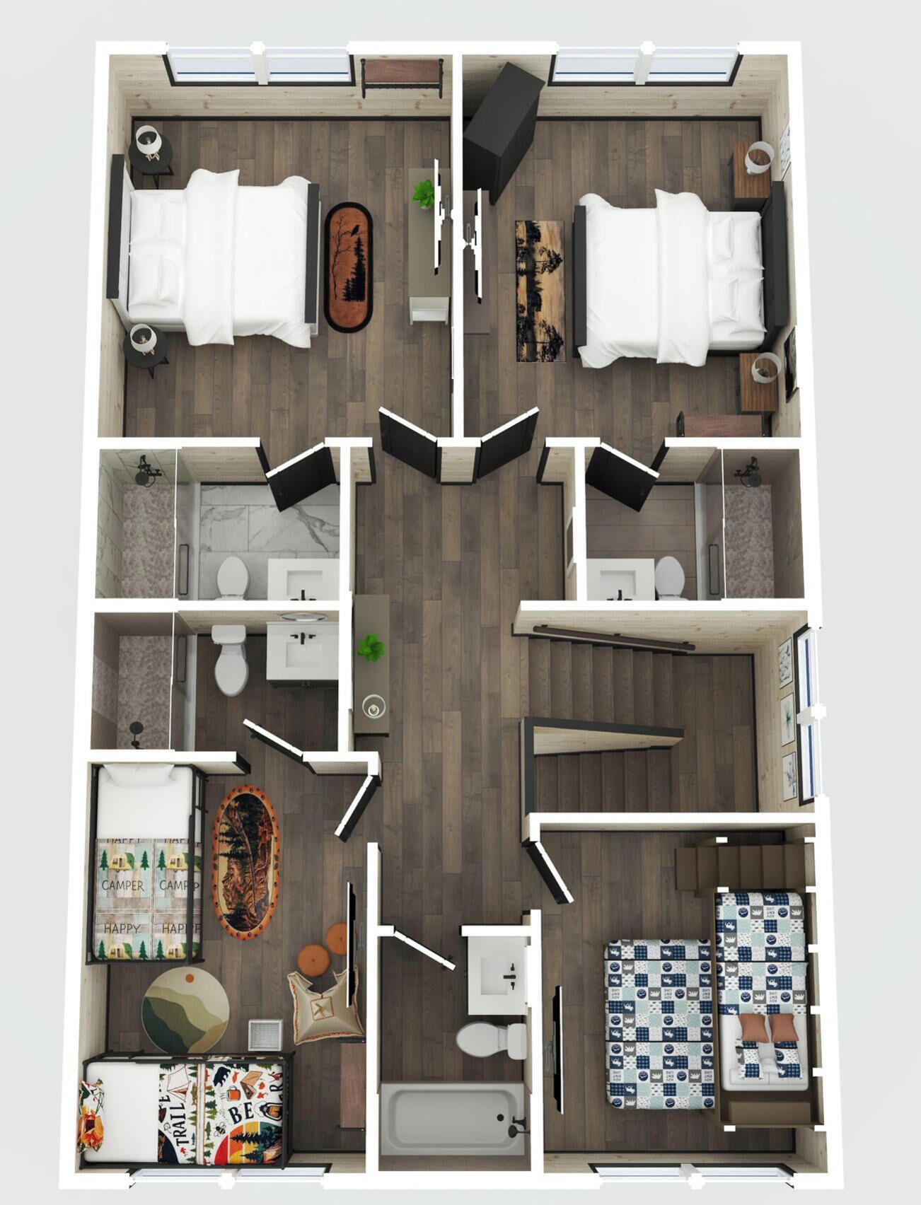 A floor plan of a hotel room with two beds, a bathroom, a small sitting area, and a kitchenette.