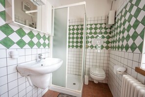 Une salle de bain avec douche, toilettes et lavabo.