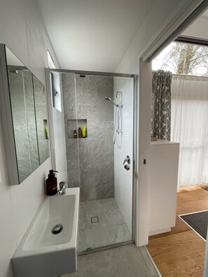Shower, hair dryer, towels, soap