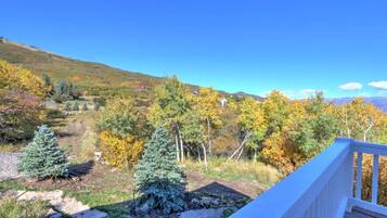 Une terrasse offrant une vue sur un paysage montagneux aux couleurs automnales.
