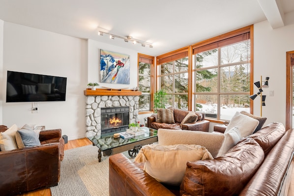 Smart-TV, peis, bøker og stereoanlegg