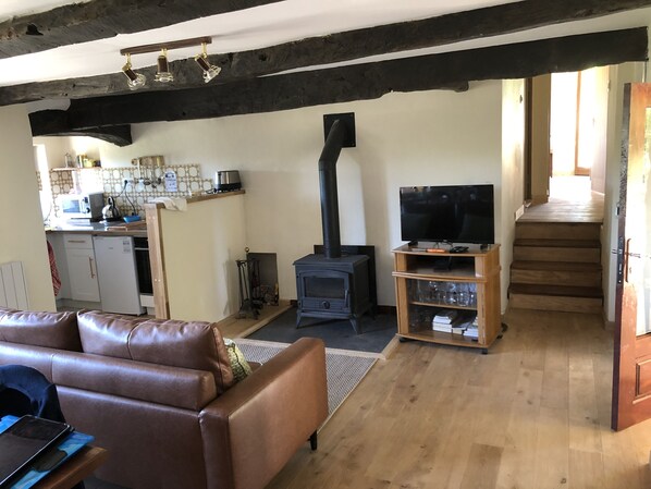 Ein Wohnzimmer mit einer Ledersofa, einem Fernsehschrank, einem Kamin und einer Küchenzeile mit Mikrowelle und Toaster.