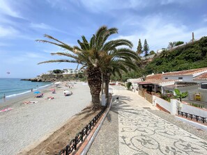 Una playa con palmeras, un camino pavimentado y edificios al fondo.