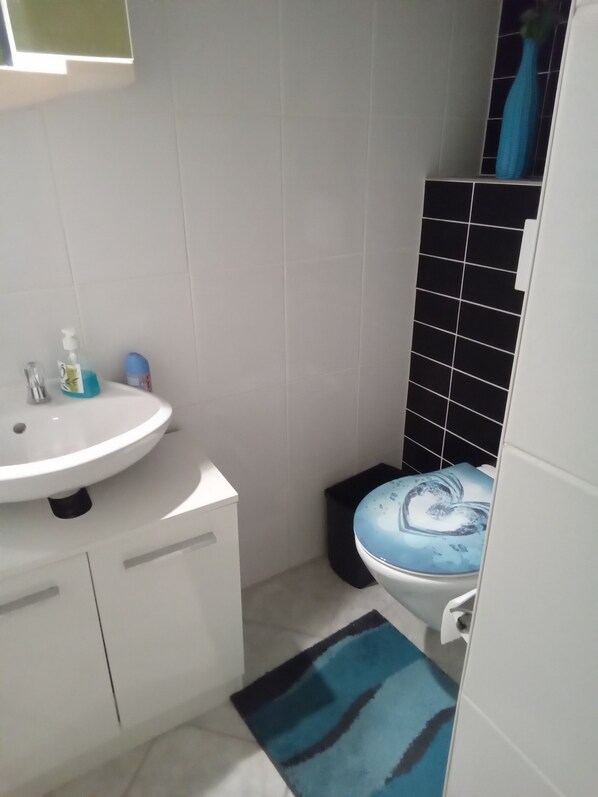 A bathroom with a white sink, a blue toilet, and black tiled walls. - Ferienwohnung im Ferienpark Hahnenklee (Goslar)