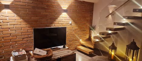 TV, fireplace, books