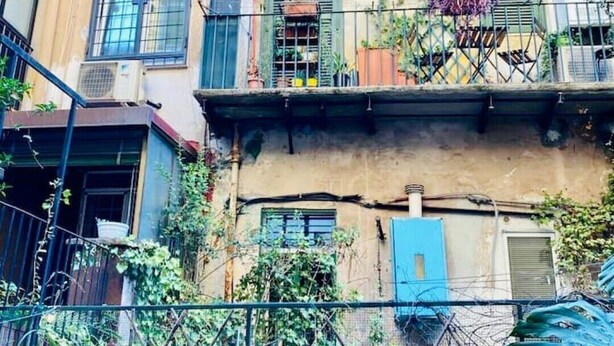 Um edifício com vários andares e varandas, algumas com plantas.