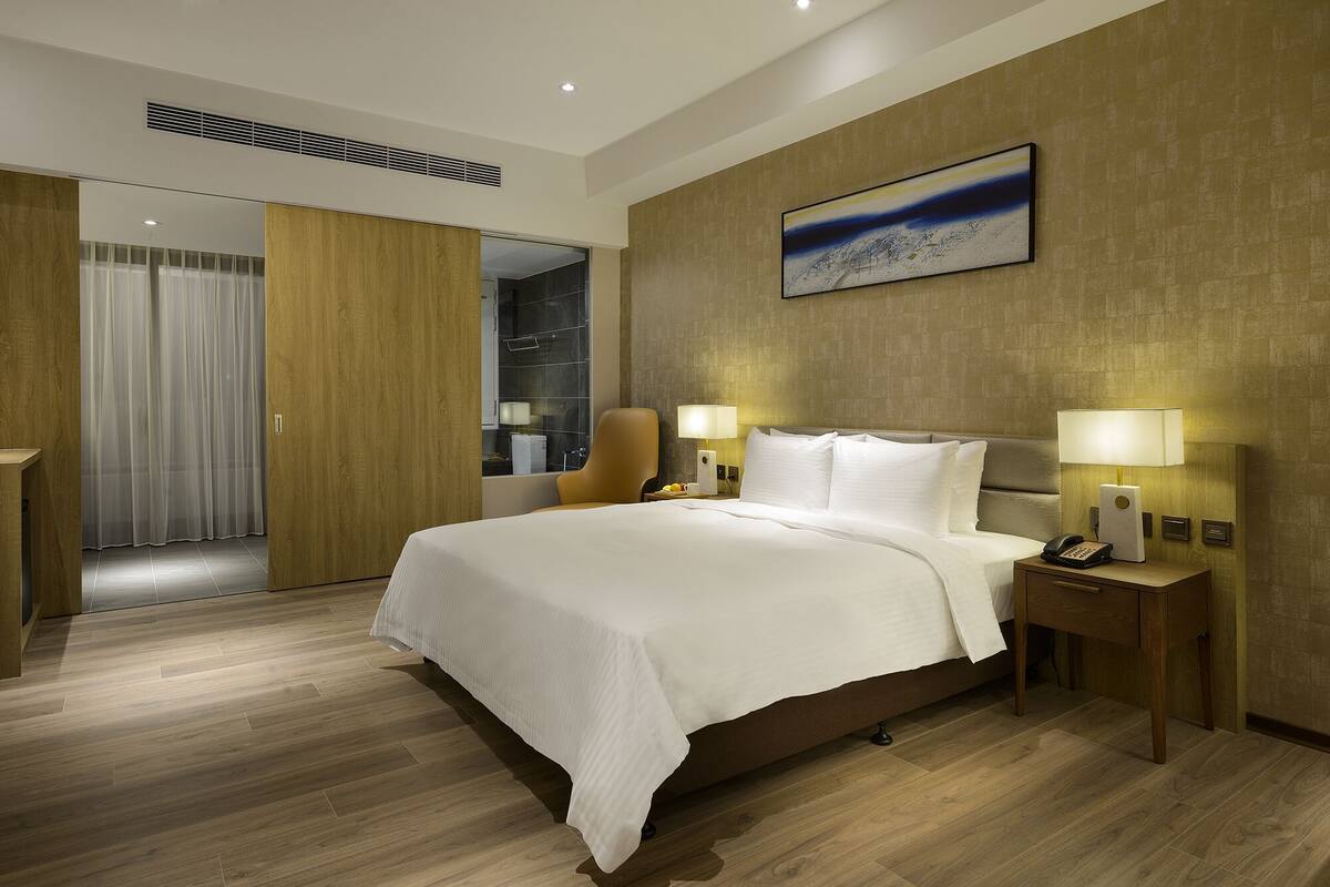 Habitación de hotel moderna con una cama grande, dos lámparas de noche, un teléfono y un cuadro en la pared.