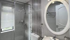 A modern bathroom with a glass-enclosed shower, a toilet, a sink, and a mirror.