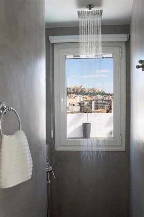 Shower, rainfall showerhead, hair dryer, towels - The Loft • Private Jacuzzi & Acropolis View (Athens)