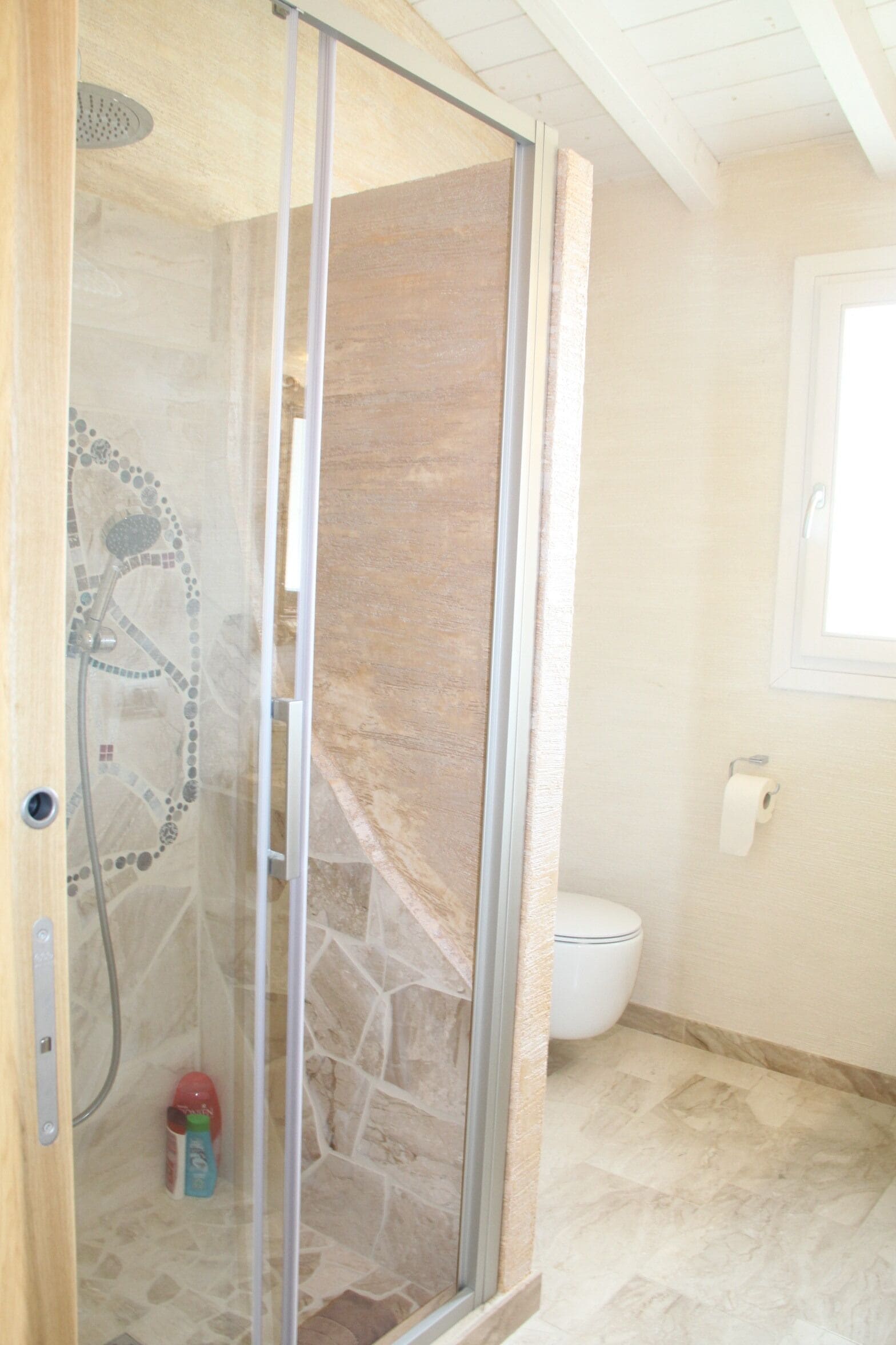 A bathroom with a glass-enclosed shower, a toilet, and a stone wall.