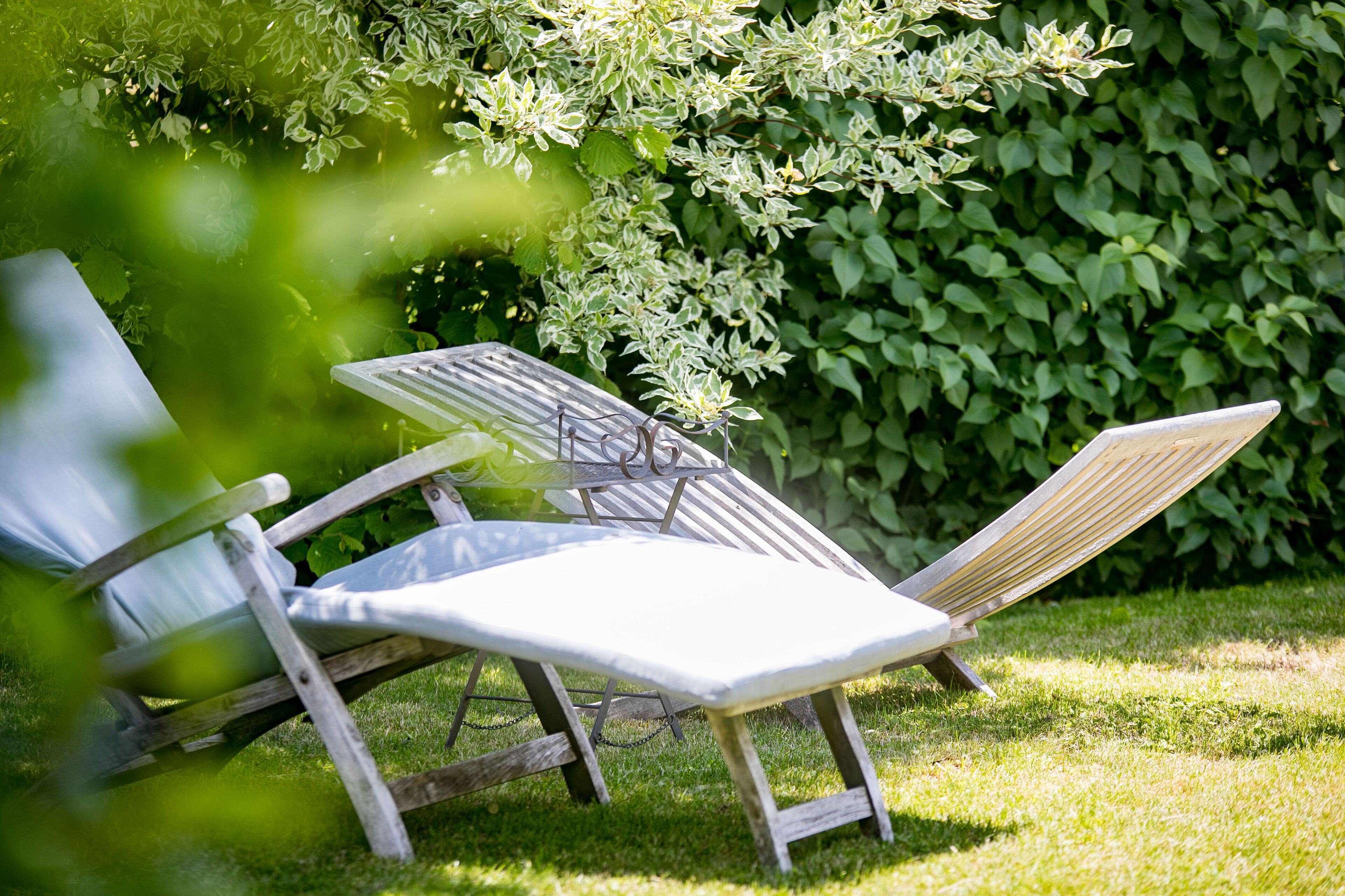 Twee lounge stoelen met een tafel in een gazon, omringd door weelderige groene begroeiing.
