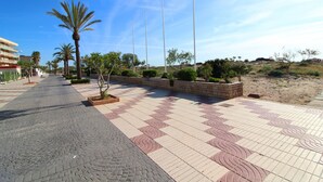 Un sendero pavimentado con baldosas estampadas, palmeras y cielo despejado.