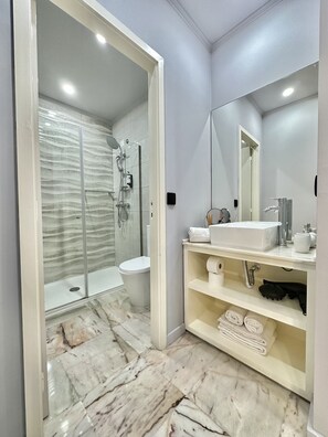 Shower, hair dryer, towels