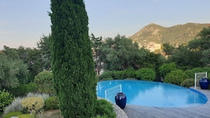 A swimming pool with a wooden deck, surrounded by greenery and a mountainous backdrop.