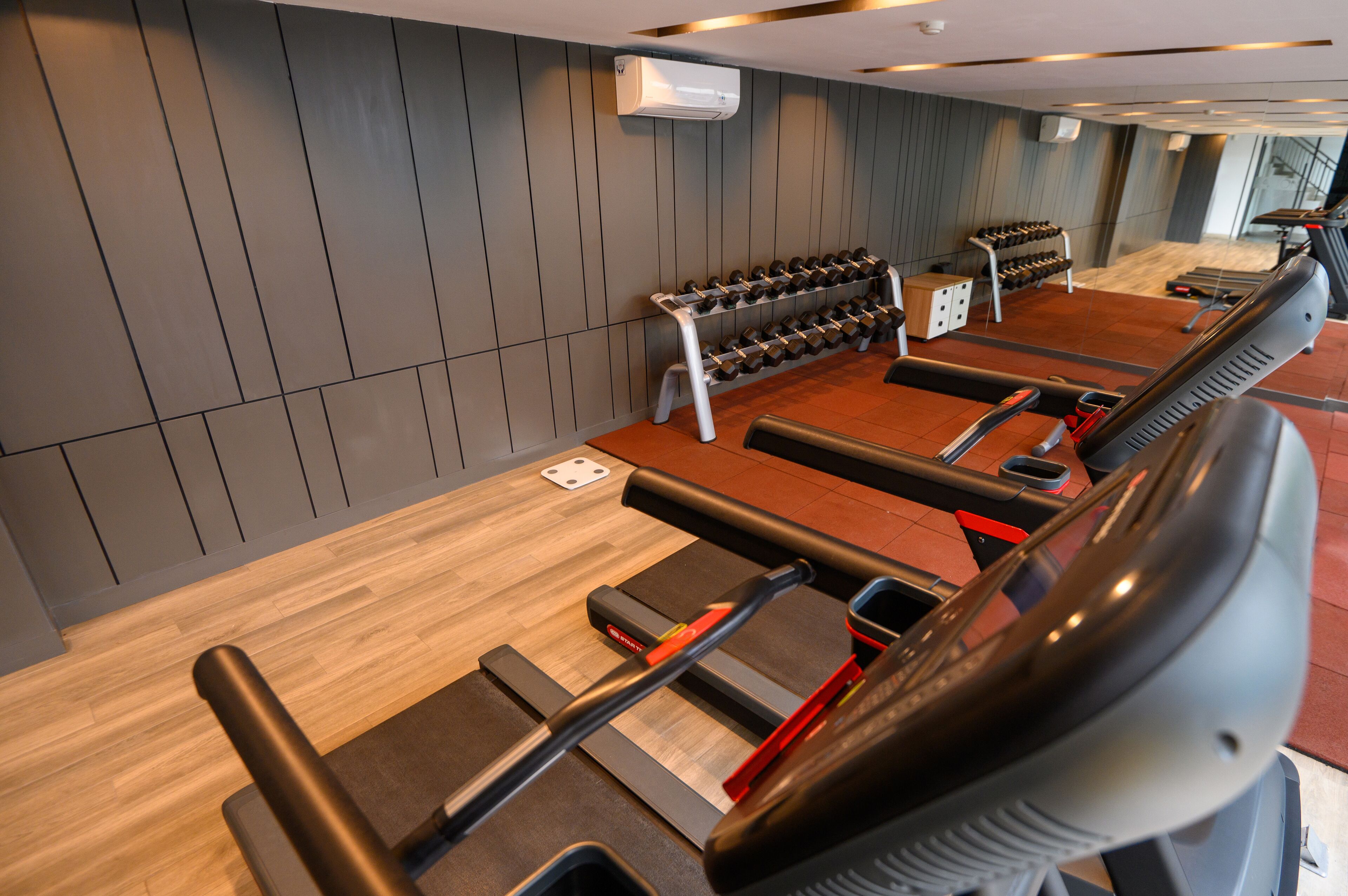 A gym with treadmills, a row of dumbbells, and a wooden floor.