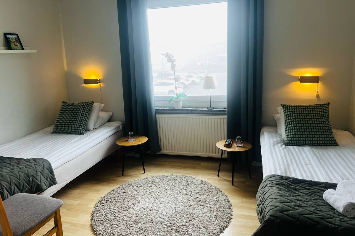 A hotel room with two single beds, a small round table, a chair, a round rug, and a window with curtains.
