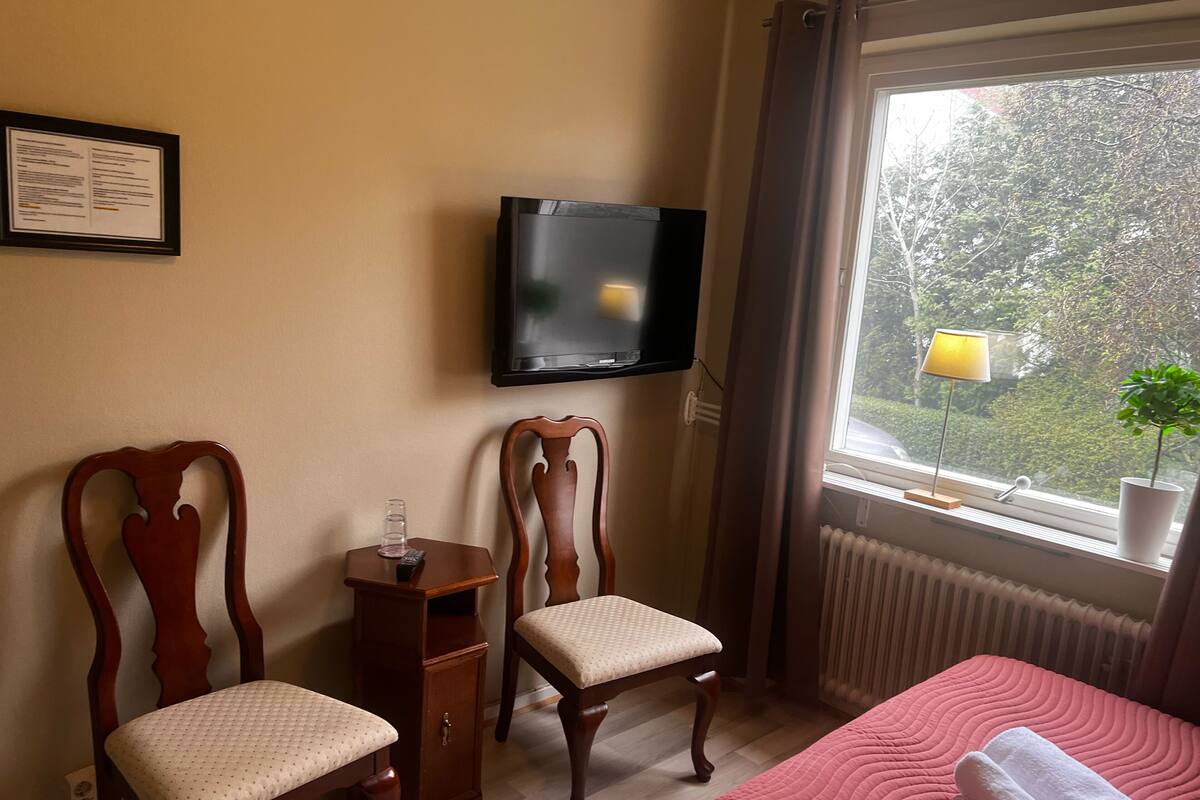 A hotel room with a bed, two wooden chairs, a small table with a glass and remote, a TV on the wall, a window with a view of trees, and a radiator.