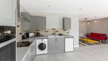 Apartment, 1 Queen Bed | Private kitchen | Fridge, microwave, oven, stovetop