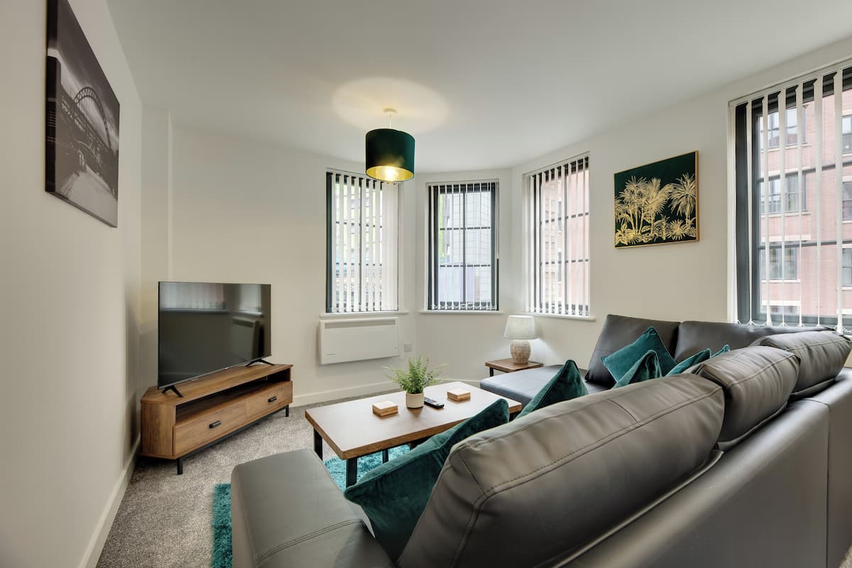 A modern living room with a sofa, TV, coffee table, and a plant.