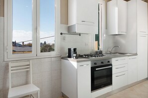 Fridge, oven, stovetop, coffee/tea maker