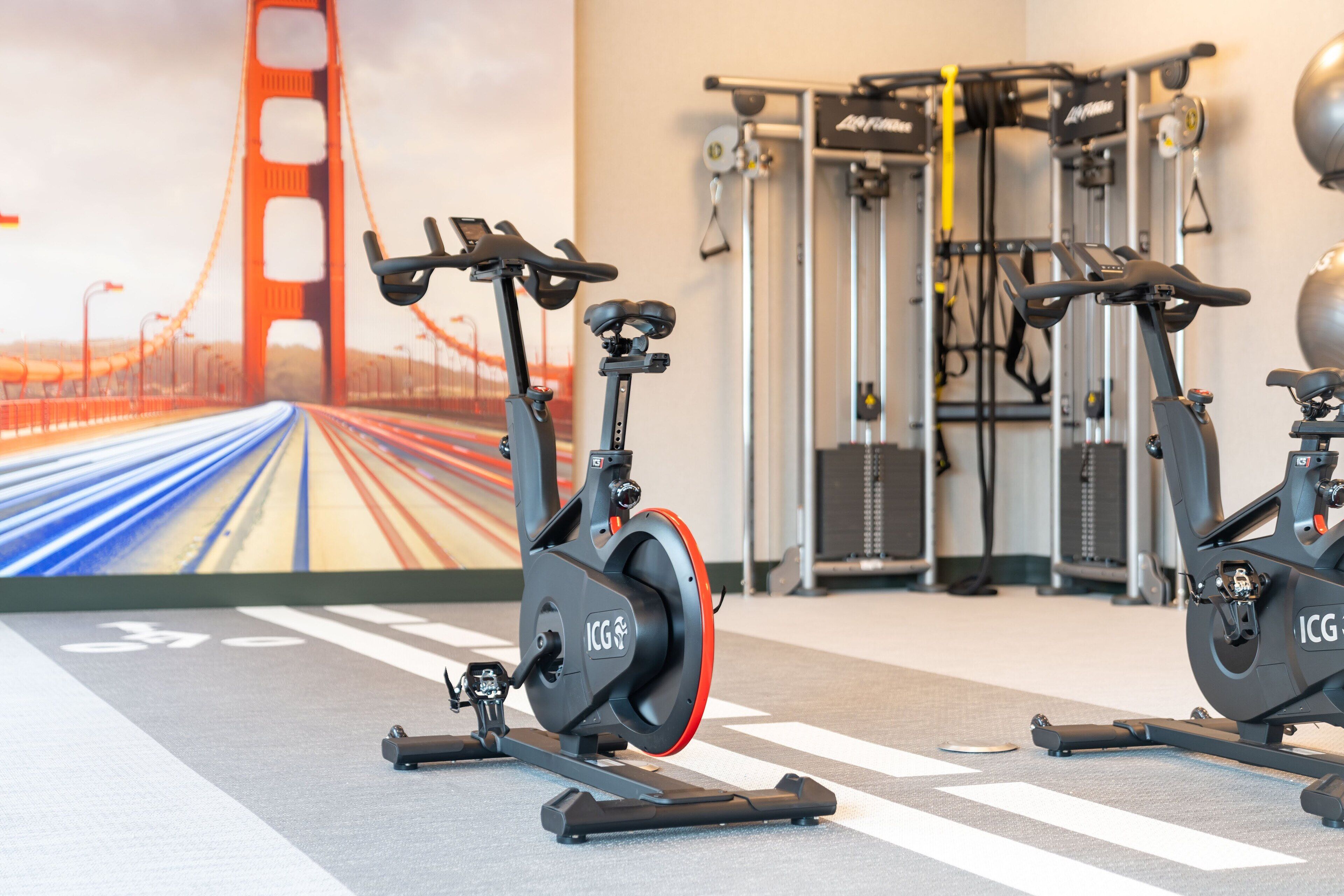 An indoor gym with stationary bikes, weight machines, and a large exercise ball.