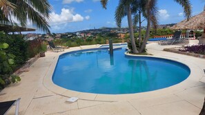 Une piscine à bord incurvé, entourée d’une terrasse carrelée et de palmiers.