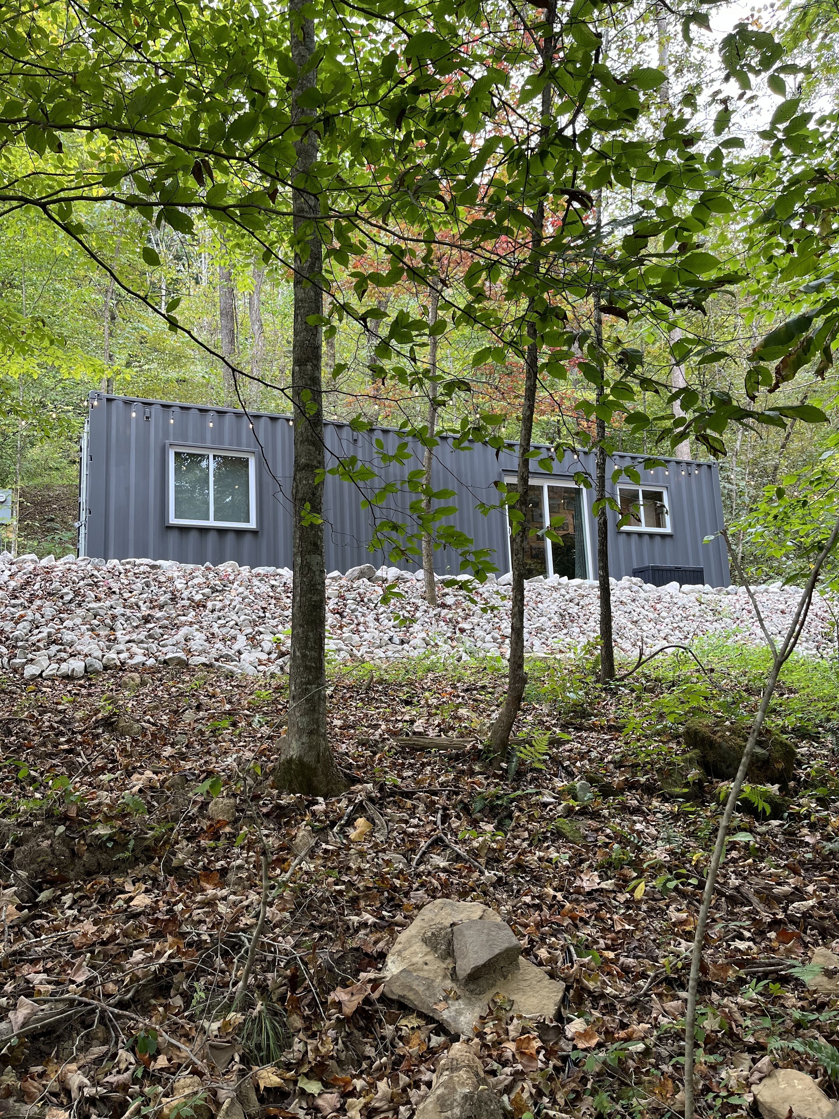 Une cabane moderne dotée d’une grande fenêtre et de fondations en pierre, entourée d’une forêt où les feuilles tombées recouvrent le sol.