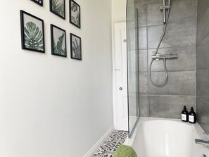 Hair dryer, towels, soap, shampoo
