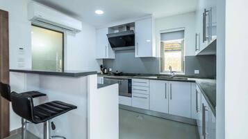 Deluxe Apartment | Private kitchen | Full-size fridge, oven, cookware/dishes/utensils