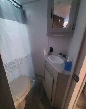 Shower, towels, toilet paper