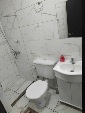 Ducha, toallas, jabón, papel higiénico