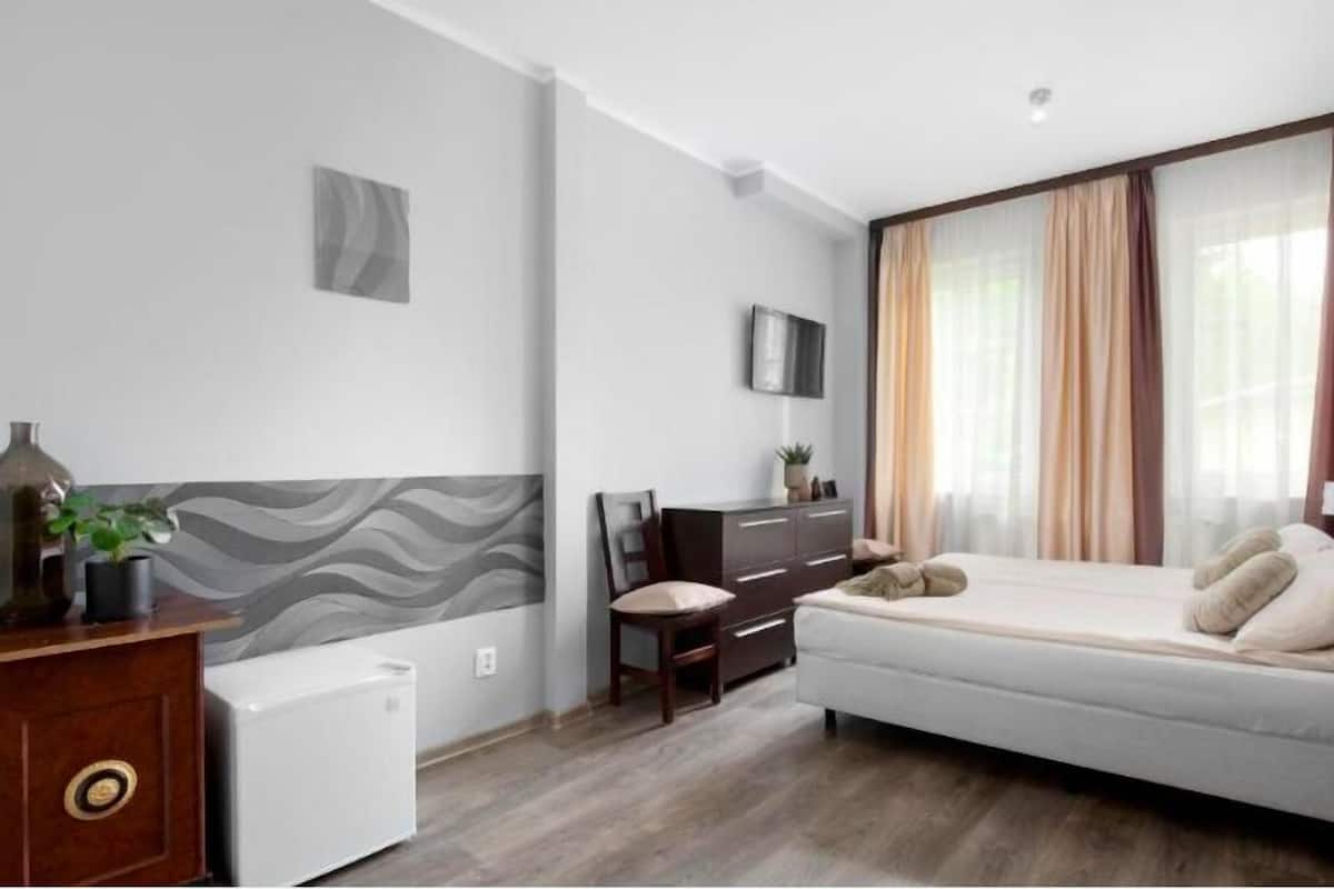 Un dormitorio moderno con una cama, un escritorio pequeño, una silla, un televisor y una planta.