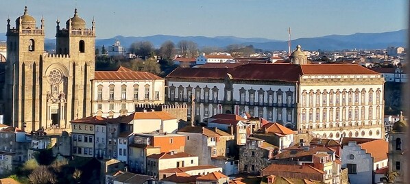 Un paisaje urbano histórico con una catedral destacada y un gran edificio blanco con ventanas arqueadas.