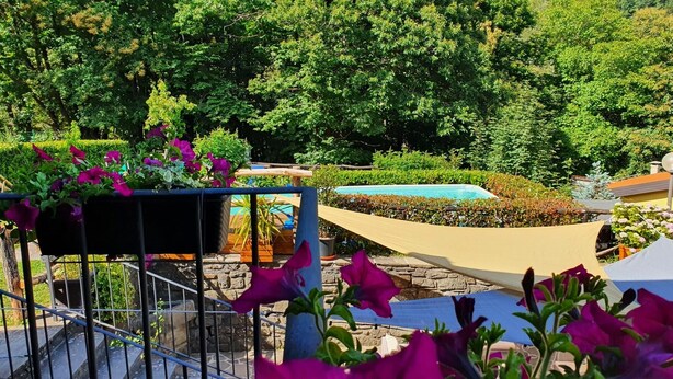 A pool area with a hammock, potted plants, and a view of a lush garden. - Studio apartment on 2 floors "Balzone 1" (Toscana)