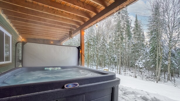 A hot tub with a control panel, located in a covered area with a view of a snowy forest.
