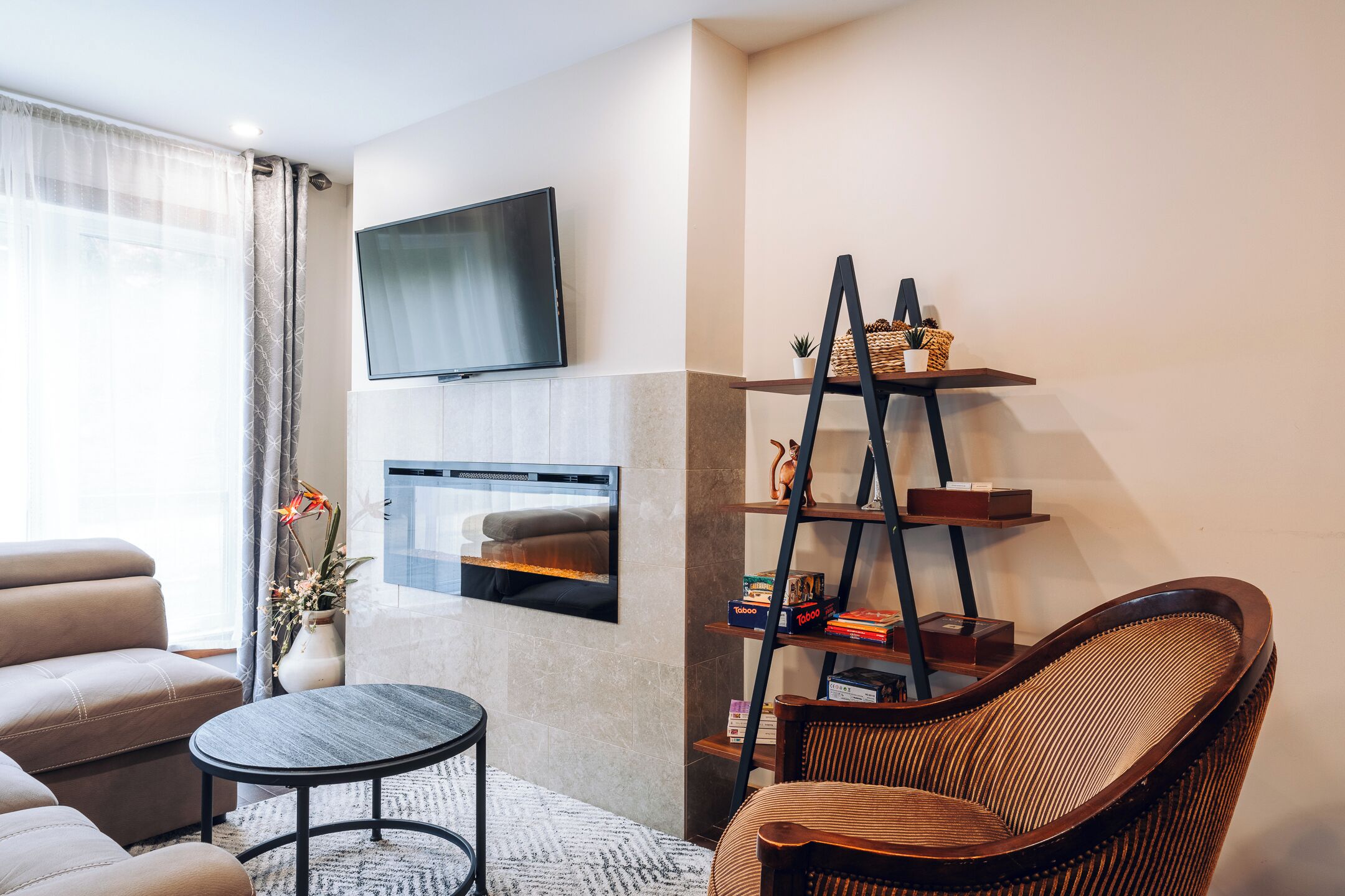 TV connectée, cheminée, Netflix, livres