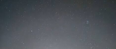 A night sky with stars, a tree, and a building.