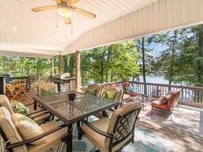 Outdoor dining - Peachy Pines - Serene Lakefront Cottage w/ Dock (Sparta)