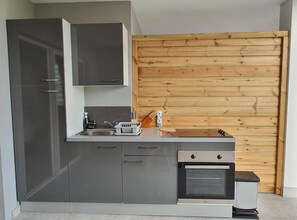 Fridge, microwave, oven, coffee/tea maker