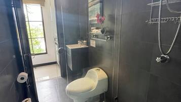 Bañera con ducha, secador de pelo, toallas, jabón