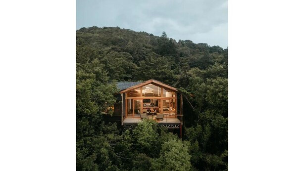 A wooden cabin with a glass facade, surrounded by dense forest, featuring a deck and a visible interior with a dining area.