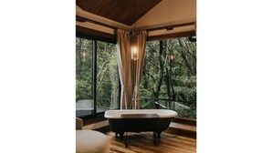 A modern bathroom with a freestanding bathtub, large windows, and a view of the forest.