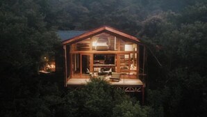 A wooden cabin with a glass facade, surrounded by dense forest.