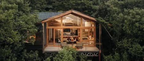 Une cabane en bois dotée d’une façade en verre, entourée d’une forêt dense, et comprenant une terrasse ainsi qu’un intérieur visible avec un espace repas.