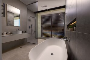 Shower, hair dryer, towels, soap - Luxury Seafront Villa Eros with Private Pool - Rock Bay Villas - Crete, Greece (Agia Pelagia)